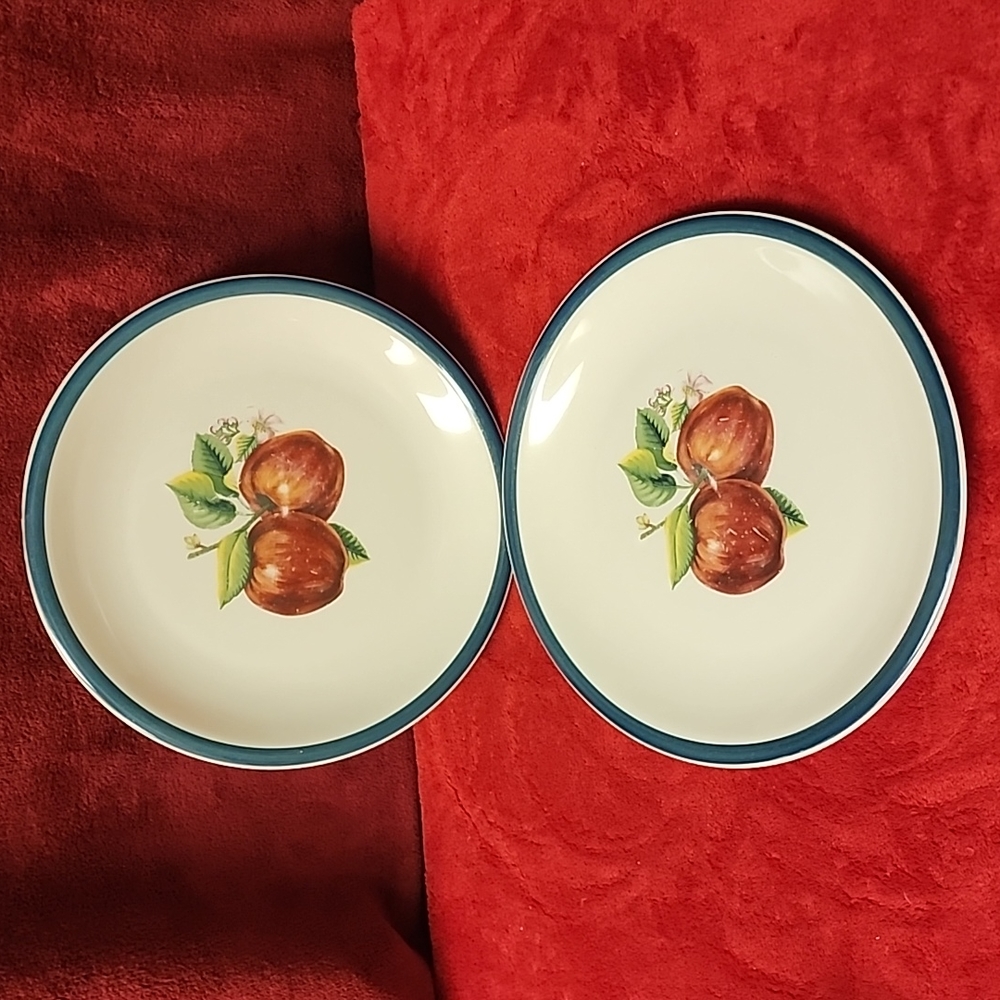 ☆Vintage, Set of 2. Casuals by China Pearl. Apple Pattern with Green Rim. 10.25☆